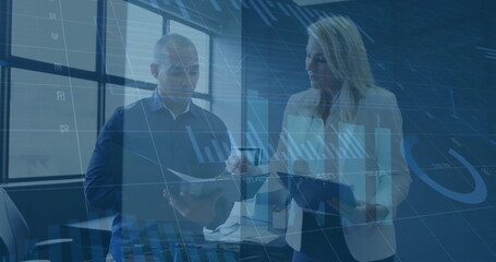 Image of financial data processing over diverse business people in office