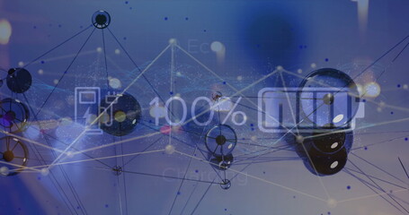 Image of battery charge, network of connections and data processing over blue background