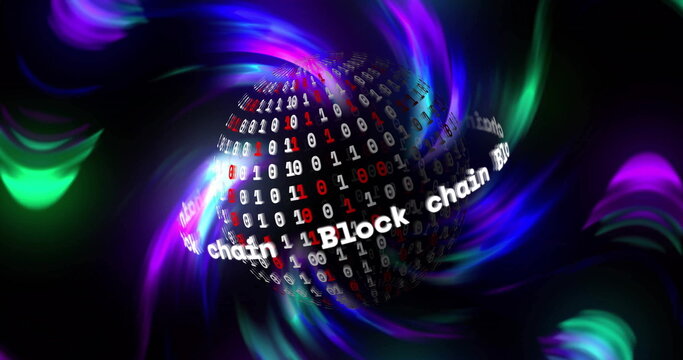 Image of globe with block chain binary coding over light trails background - Powered by Adobe