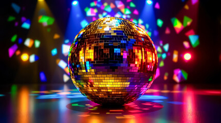 Obraz premium Shiny Disco Ball with Colorful Lights in a Dark Setting