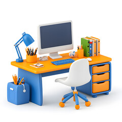 Office workplace with desktop 3d cartoon concept illustration isolated on background