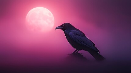Fototapeta premium Majestic crow silhouette, pink moon, misty landscape, mystical scene, fantasy art