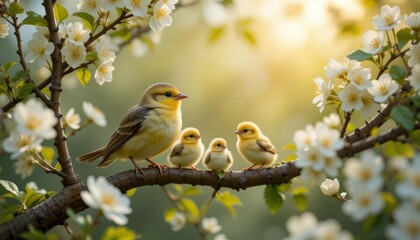 Fototapeta premium Birds perched on blooming tree branch in soft sunlight