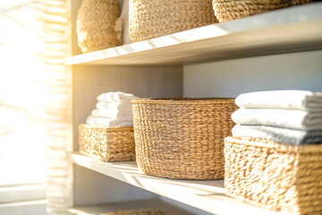 Fototapeta premium Minimalist Shelf with Neutral Linens and Wicker Baskets