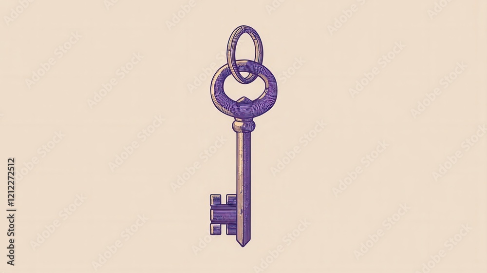 Sticker minimalist key design, a single-line illustration of a key on a keyring, emphasizing simplicity and 