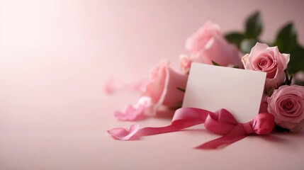 Elegant blank card with pink roses and ribbon decoration