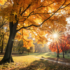 Fototapeta premium Beautiful natural autumn background sunlight shining on leaves