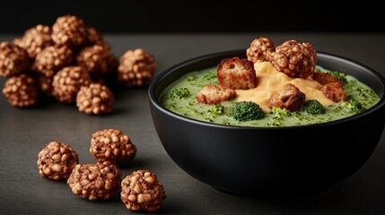 A bowl of green soup topped with cheese and croutons, accompanied by snack balls.