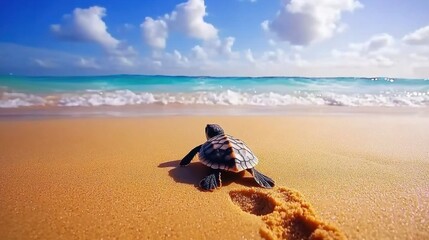 A baby turtle crawling toward the ocean on a sandy shore with tiny tracks behind it. © Sawat