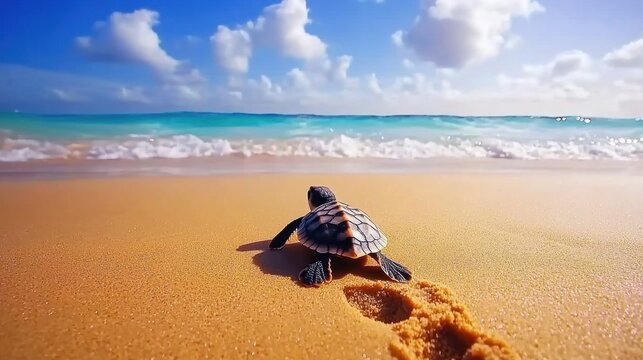 A baby turtle crawling toward the ocean on a sandy shore with tiny tracks behind it.