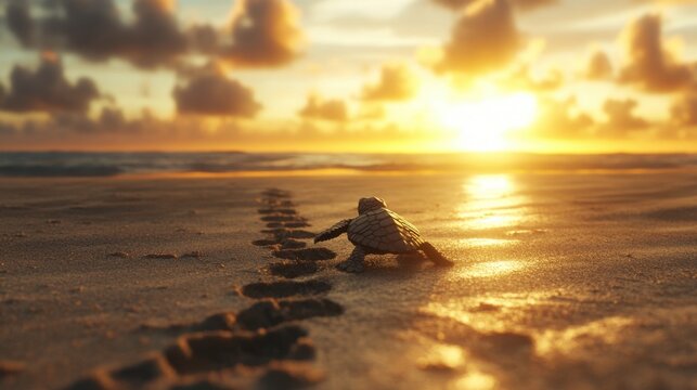 A baby turtle making its first steps toward the ocean at sunrise, leaving tiny tracks behind.