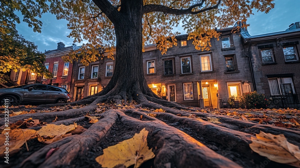 Poster low-angle view of tree roots and autumn leaves in front of illuminated townhouses at dusk.