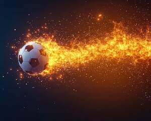 Fototapeta premium A dynamic soccer ball surrounded by a trail of golden sparks, symbolizing energy and motion.