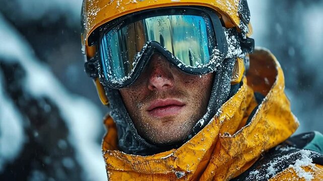 Winter Warrior: A determined skier with frosty goggles stares intently into the snowy landscape, embodying the spirit of adventure and resilience in the face of icy challenges. 