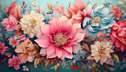 Abstract floral background with pink and red flowers blooming beautifully in a garden setting