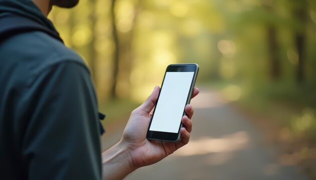Hand holding a smart phone with forest background