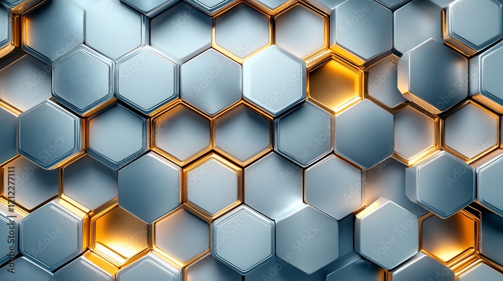 Poster Abstract 3D metallic hexagonal pattern with glowing edges.