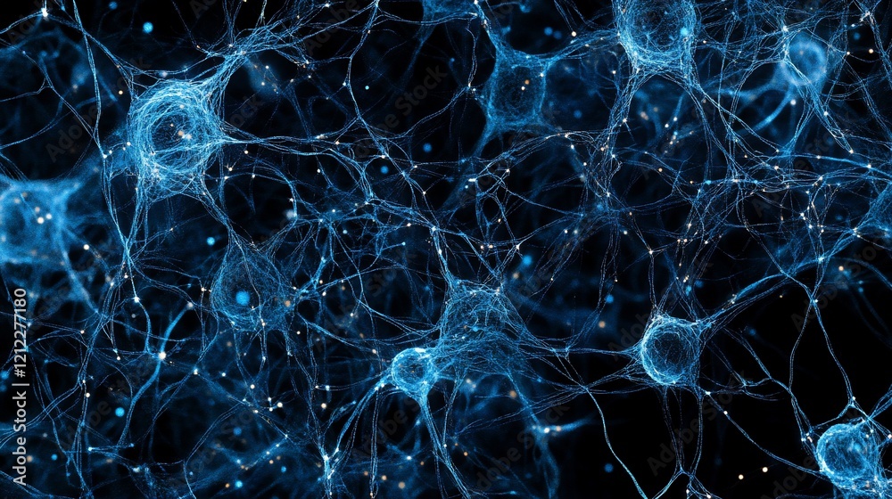 Poster abstract neural network, glowing blue and gold nodes connected by intricate lines on a black backgro