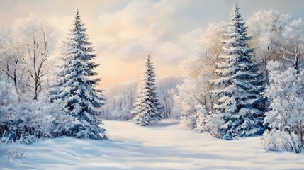 Fototapeta premium Winter Landscape Featuring Snow Covered Pine Trees