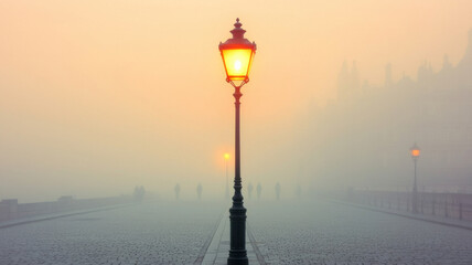 Fog in Nature Themed, lone streetlamp casting warm glow on foggy street creates serene atmosphere