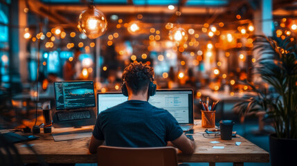 Obraz premium Night coder working on dual screen setup in a vibrant cafe ambiance