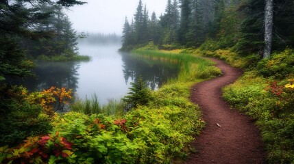 Serene misty morning trail winding along a calm lake in a lush forest.
