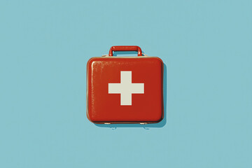 First Aid Kit on Blue: A classic red first-aid kit, prominently displaying a white cross, sits on a vibrant blue background.
