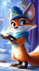 Fototapeta premium Whimsical fox character holding sparkling magic enchanted forest animation fantasy setting playful perspective