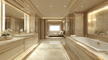 A serene luxury bathroom with soothing colors, a deep soaking tub, elegant marble countertops, and soft lighting, creating the perfect retreat for relaxation and comfort.