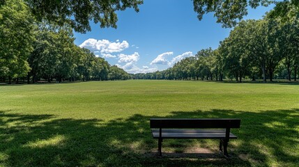 Fototapeta premium Expansive grassy field bordered by towering oak and poplar trees under a bright blue sky, inviting peaceful moments to enjoy nature.