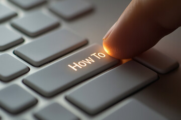 Finger Pressing How To Button: A finger gently presses a glowing "How To" button on a keyboard, symbolizing the search for knowledge, guidance, and solutions.