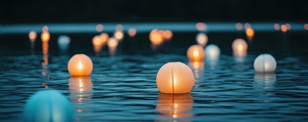 Naklejka premium Floating Lanterns on Calm Water at Dusk with Soft Reflections