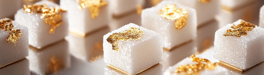 Close-up view of beautifully crafted sugar cubes adorned with gold leaf, elegantly placed on a reflective tray. The soft gradient background enhances the opulent presentation