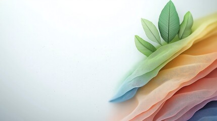 Obraz premium Delicate Fabric Waves with Fresh Green Leaves and Soft Colors on Light Background for Calm and Nature Inspired Design