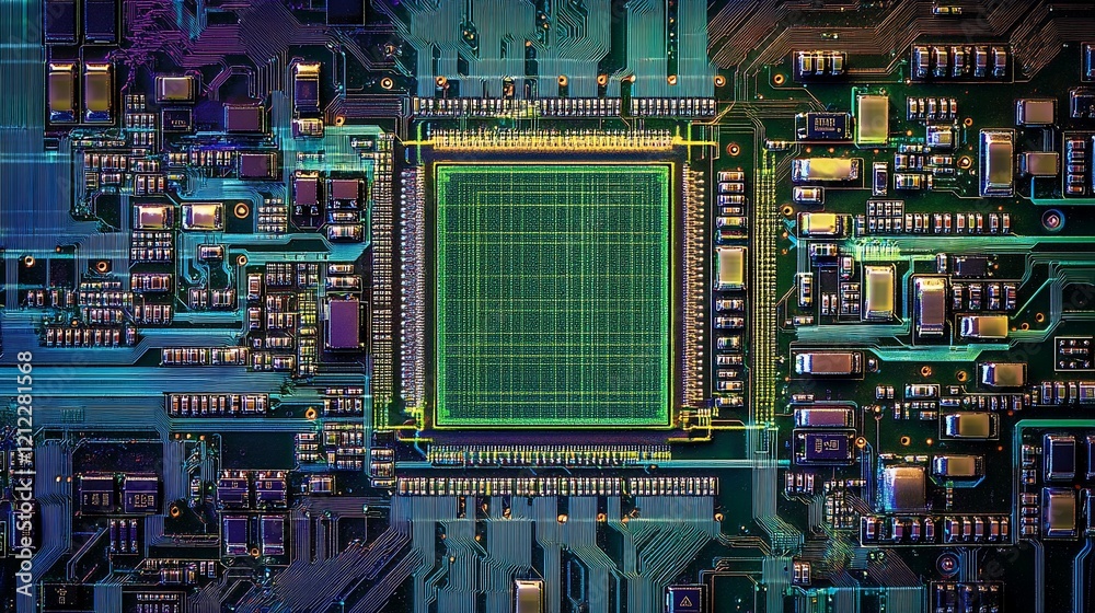 Poster Close-up of a microchip's intricate circuitry and central processing unit, showcasing technological complexity.