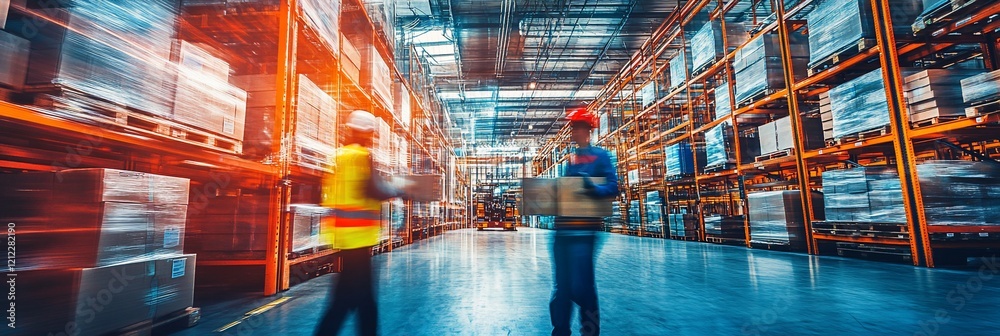 Poster Warehouse workers moving boxes in a large distribution center.