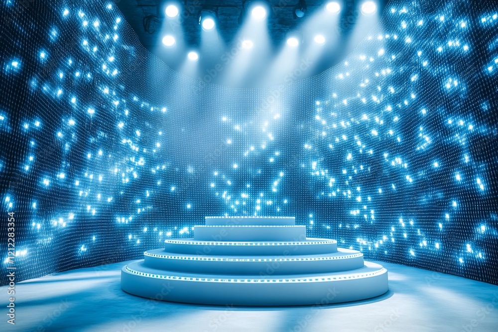 Aufkleber illuminated three-tiered stage with blue light effects and sparkling backdrop.