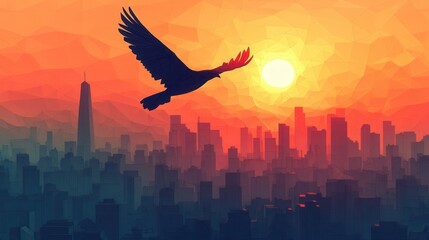 Fototapeta premium Soaring Bird Over Urban Skyline, minimalistic line art captures freedom and contrast between nature and city life, modern design aesthetic