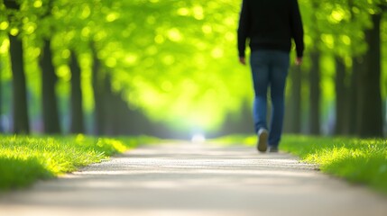 Obraz premium A person walking along a tree-lined path, surrounded by vibrant green foliage.
