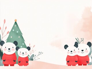 Fototapeta premium Cute illustration of pandas in sweaters beside a decorated tree, suitable for festive themes.