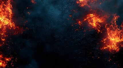 A deep black textured surface with subtle roughness, layered with double exposure of fiery red and cool blue glowing elements for a dramatic contrast.