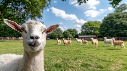 Obraz premium Close-up of a playful white goat with a group of happy goats at an Asian farm under a bright blue sky on a sunny day