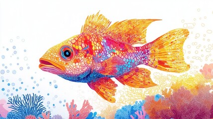 Fototapeta premium Minimalist fish gliding through vibrant coral reefs, showcasing a low poly design, emphasizing underwater beauty and simplicity
