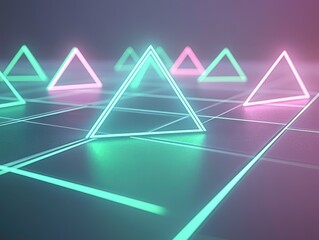 Naklejka premium Neon geometric pyramids on a grid, creating a futuristic digital landscape.