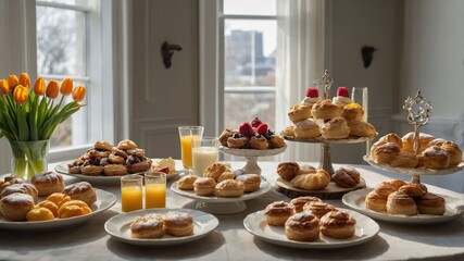 A beautifully arranged table of pastries and drinks, perfect for a brunch gathering.