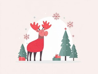 Naklejka premium A festive illustration featuring a moose among Christmas trees and presents in a snowy scene.