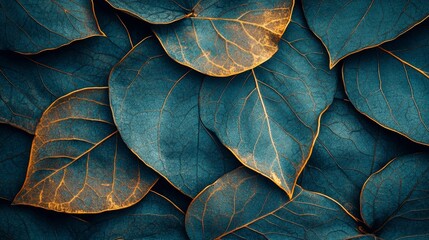 Obraz premium Teal and Gold Leaf Overlay Abstract Nature Composition, Botanical Texture, Close-up Photography Leaf Texture, Nature Photography