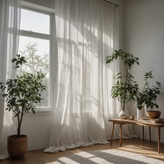 A minimalist white room with natural sunlight streaming through sheer curtains.