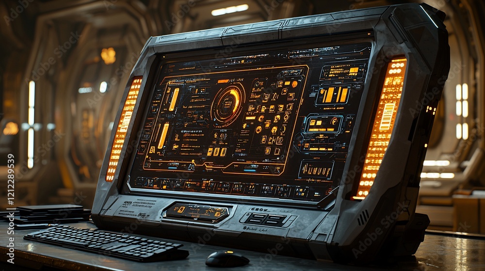 Poster Futuristic computer in spaceship control room.