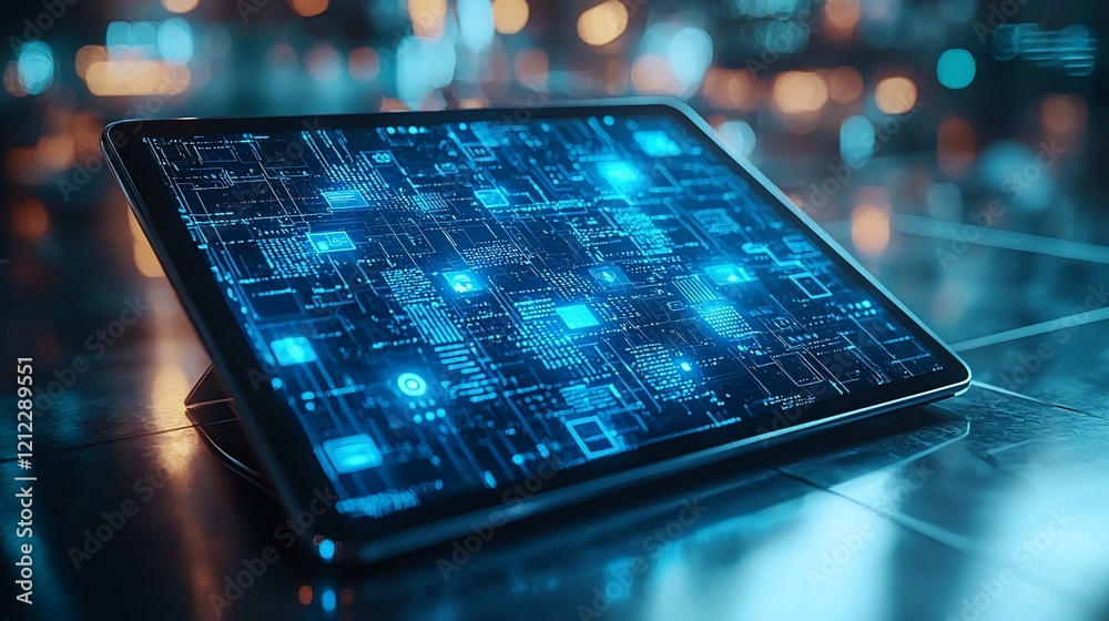 Poster futuristic tablet displaying digital circuit board.
